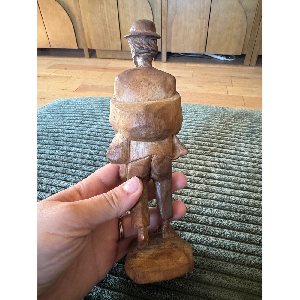 Vintage Hand Carved Wood Statue Figurine Man with Cup & Hat Rustic Decor - Picture 7 of 8
